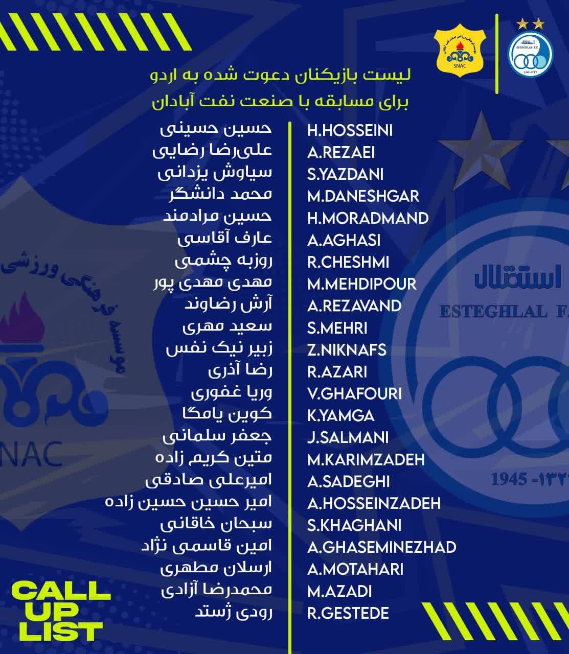 اسامی بازیکنان استقلال در سفر به آبادان جهت مصاف با صنعت نفت