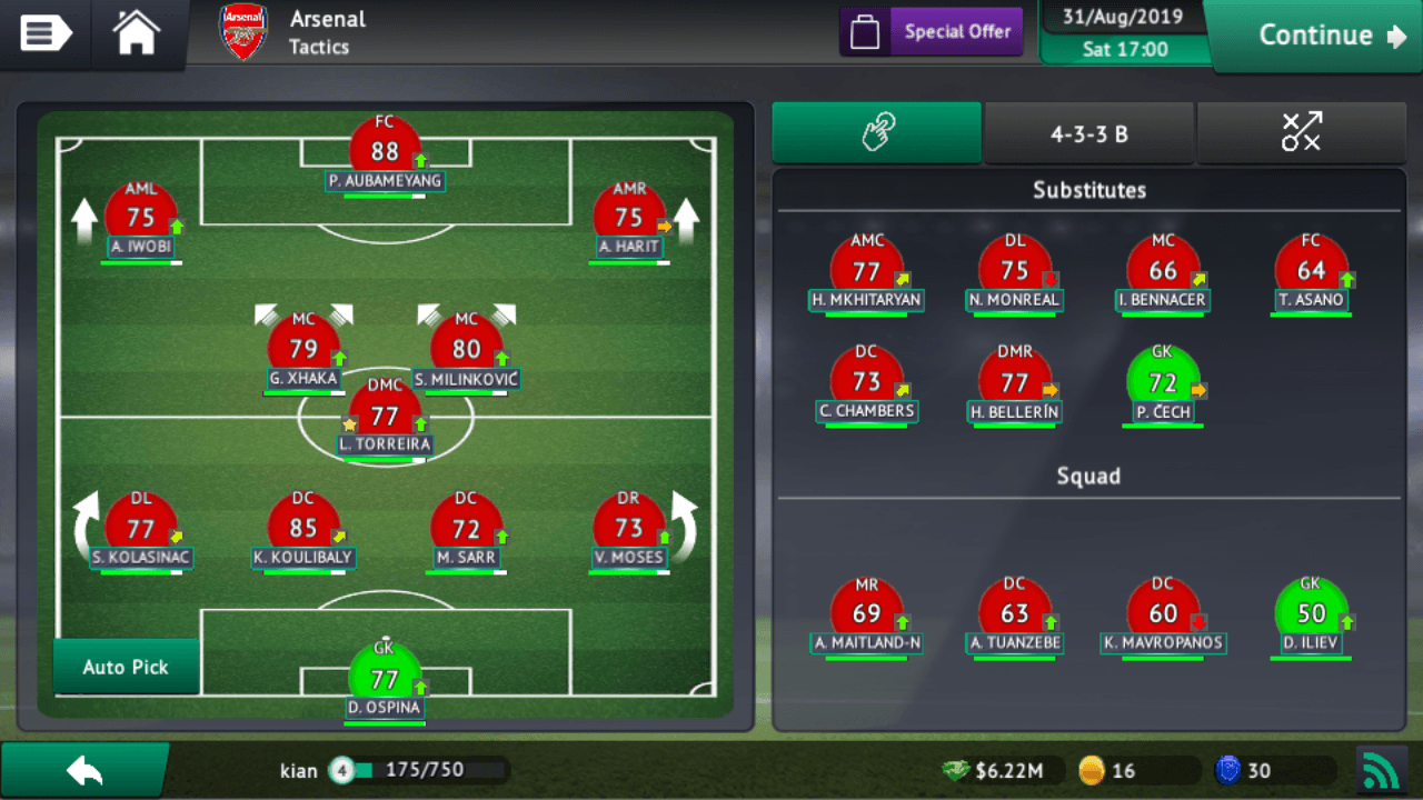 ترکیب من با آرسنال در Soccer manager 19 