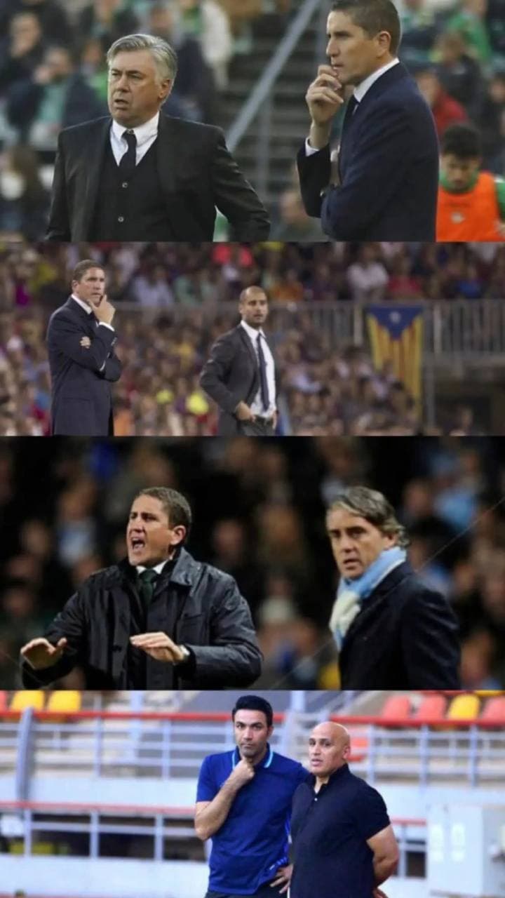 فان:سرمربی الهلال(سرمربی سابق بنفیکا) سرمربی النصر(سرمربی سابق پورتو) سرمربی پرسپولیس(سرمربی سابق ویارئال) سرمربی استقلال(سرمربی سابق خونه به خونه بابل)_ قاب سنگین از گاریدو و جواد نکونام