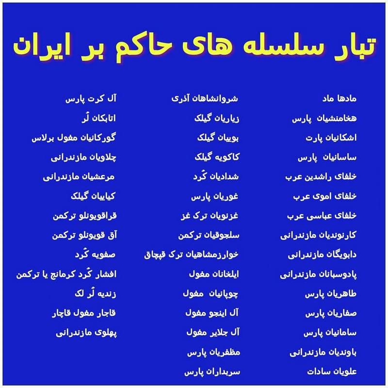 تبار سلسله های حاکم بر ایران ؛ از آغاز تا اکنون