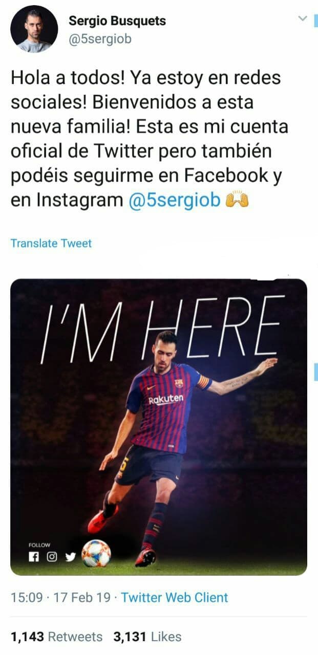 خب بالاخره سرخیو بوسکتس هم‌ وارد دنیای مجازی شد و همزمان تو اینستاگرام ، تویتر و فیسبوک اکانت ساخت