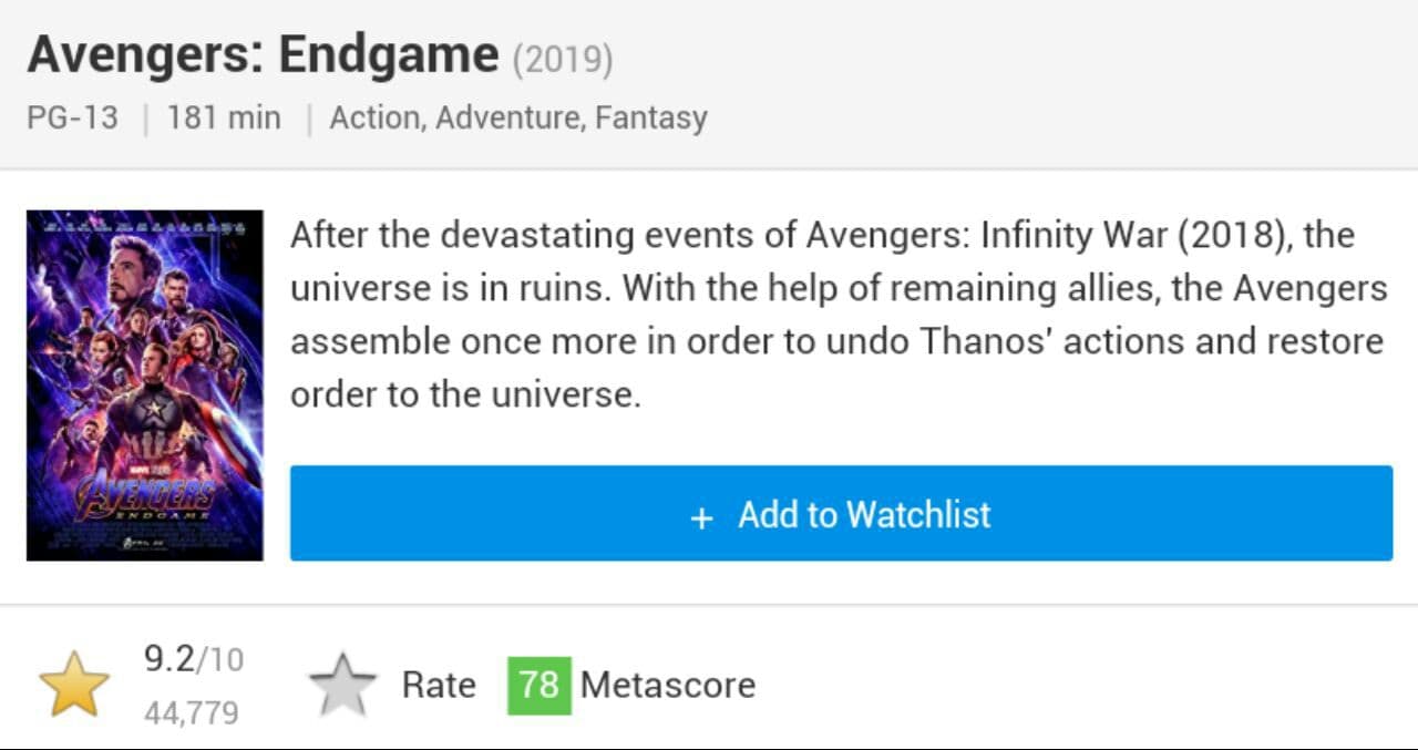 امتیاز فیلم انتقام جویان:پایان بازی در سایت imdb