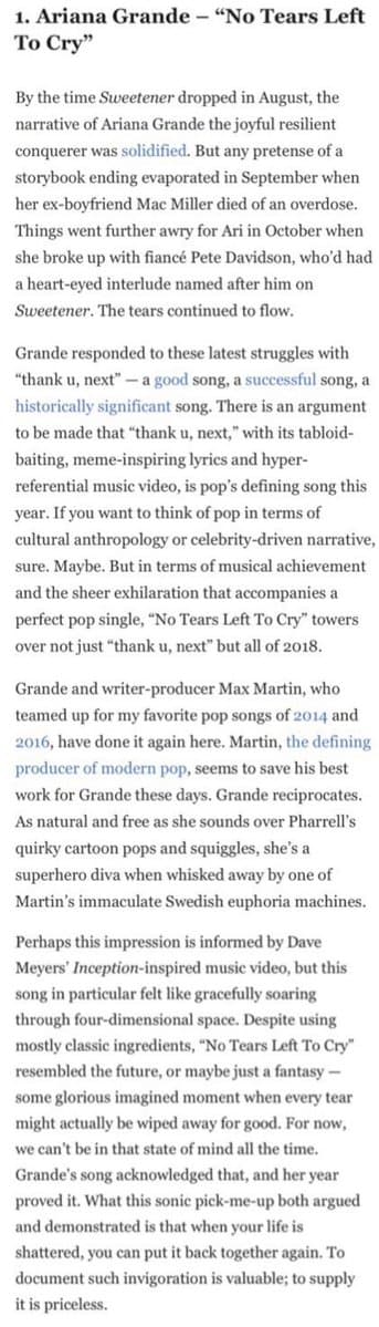No tears left to cry بهترین آهنگ پاپ سال 2018 به انتخاب stereogum 