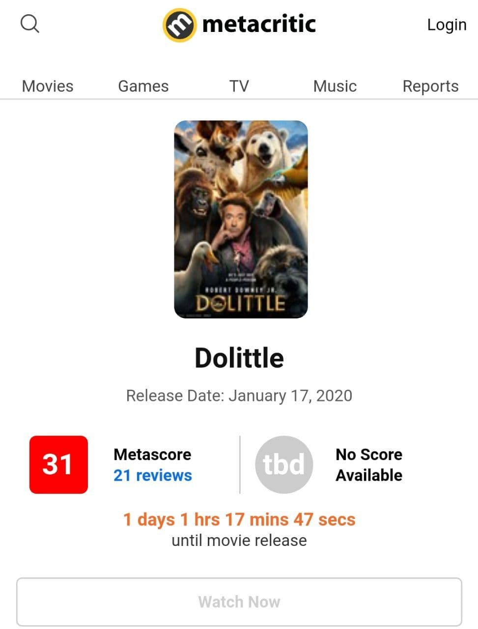 ? نمره فیلم جدید رابرت داونی جونیور، دولیتل در وب‌سایت متاکریتیک #Metacritic 