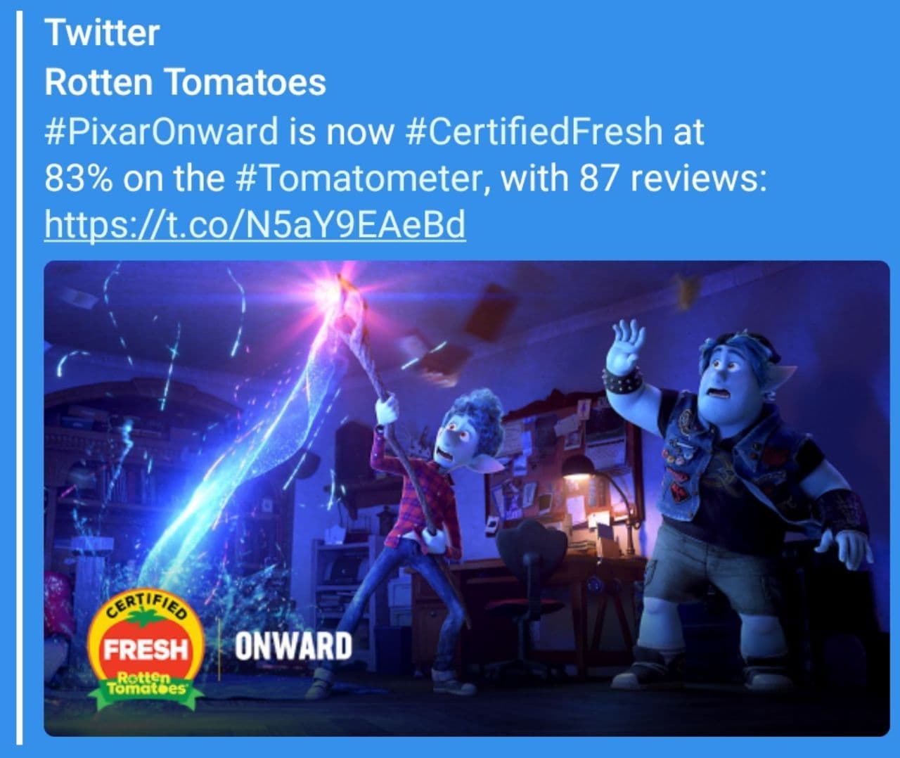 ?نمره انیمیشن جدید پیکسار با نام Onward با ۸۷ نقد در وب‌سایت راتن تومیتوز  #RottenTomatoes 