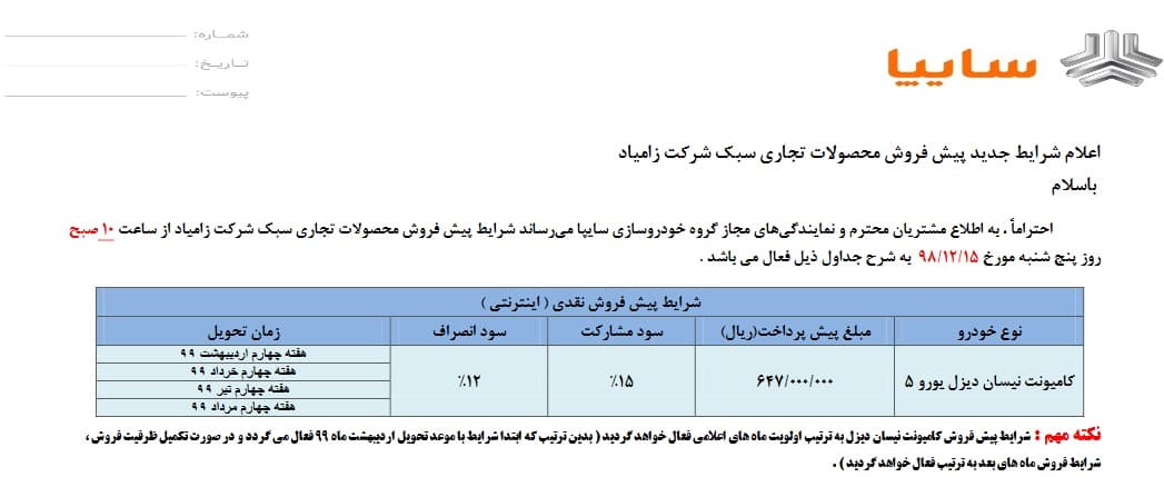 طرح جالب پیش فروش  نیسان آبی 
