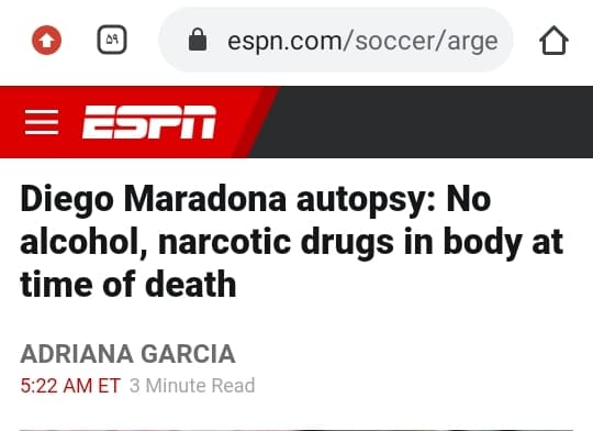 خبرفوری:ESPN:نتایج اتوپسی مارادوناحرفهای پزشک شخصی او مبنی بر اینکه او داروهای قلبی ریوی اش رامصرف نمیکرده تایید کرد:دراتوپسی مارادونا هیچ اثری از الکل ماده مخدر و..وحتی داروهای تجویزی پزشکانش یافت نشد وعلت مرگ او ادم قلبی ریوی حاددرهنگام خواب اعلام شد