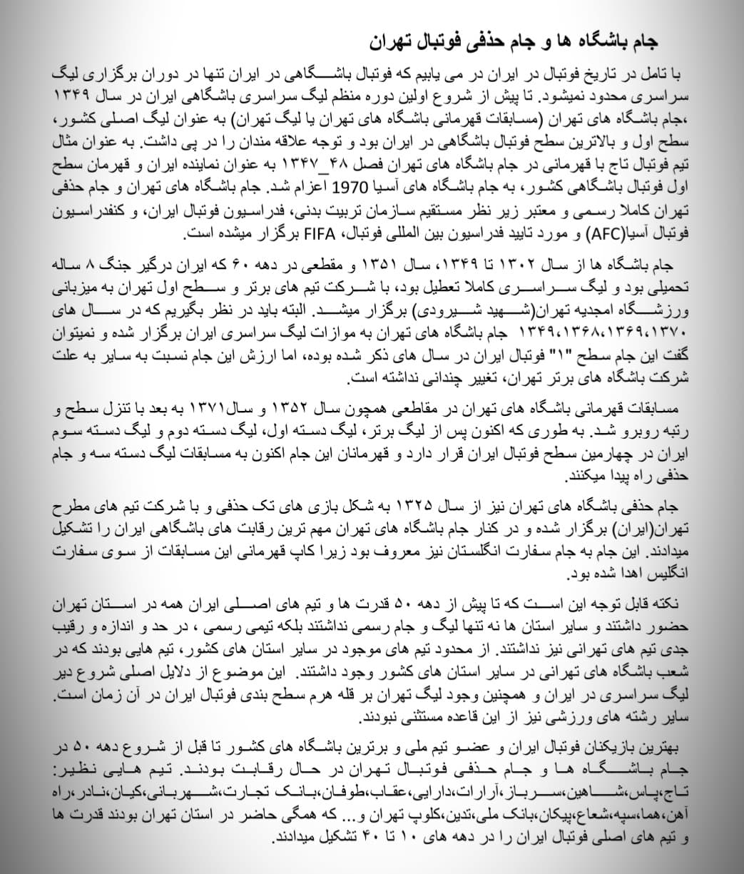 جام باشگاه های تهران، سطح اول فوتبال ایران در گذشته... لیگ تهران بالا ترین سطح فوتبال ایران بود.